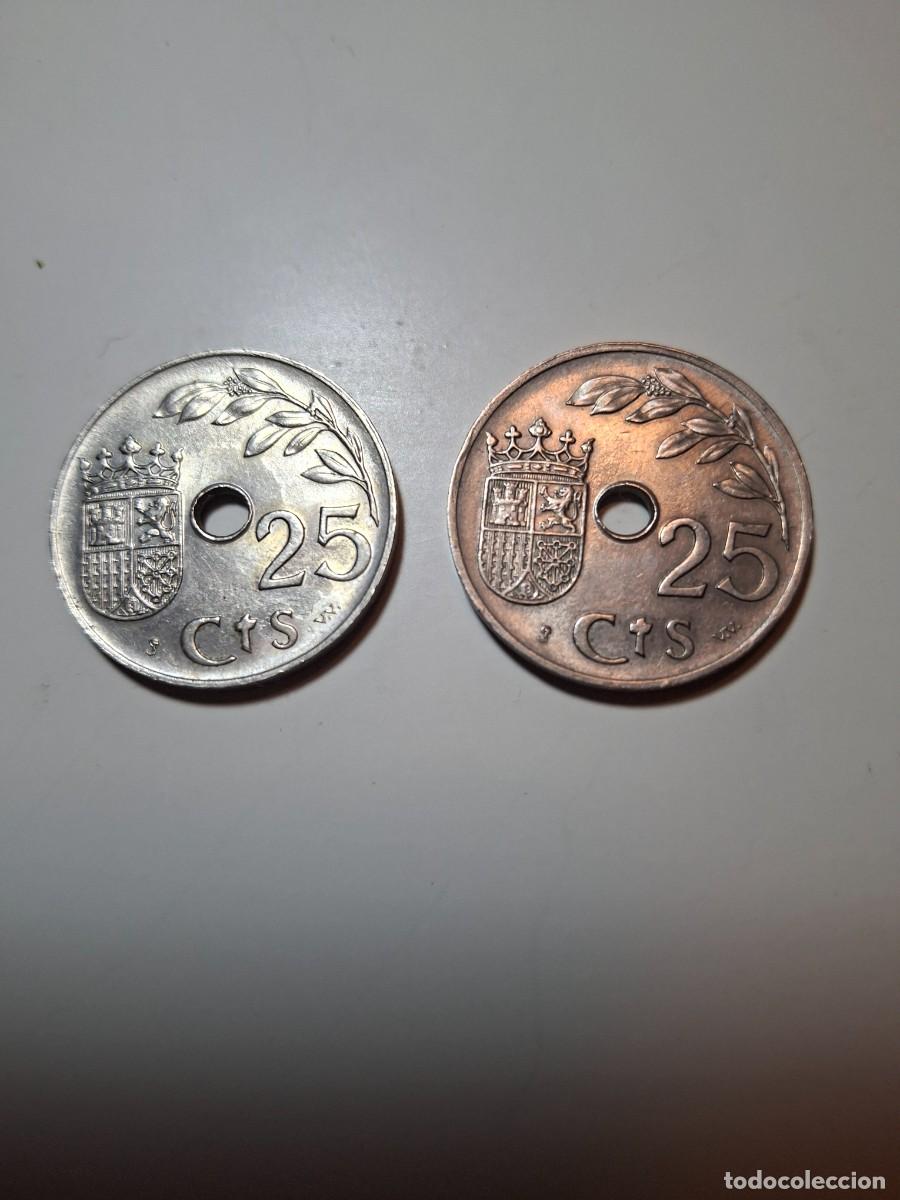 Monedas Franco: 2 monedas de 25 c&eacute;ntimos espa&ntilde;a 1937 - Foto 3