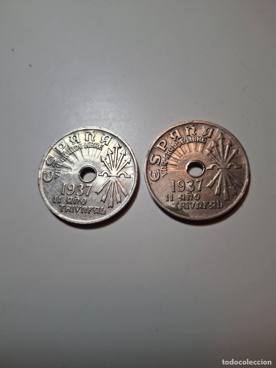 Monedas Franco: 2 monedas de 25 c&eacute;ntimos espa&ntilde;a 1937 - Foto 4