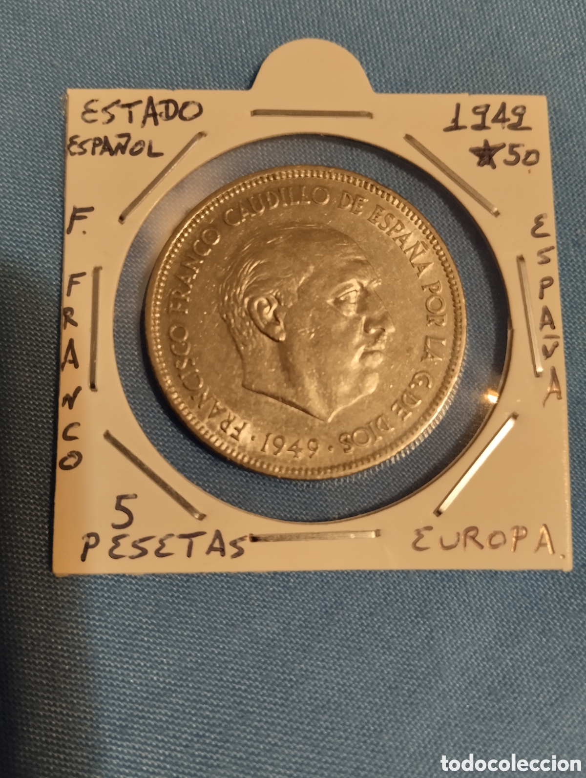 Monedas Franco: Moneda 5 pesetas del estado espa&ntilde;ol 1949 estrella 50 mbc encartonada