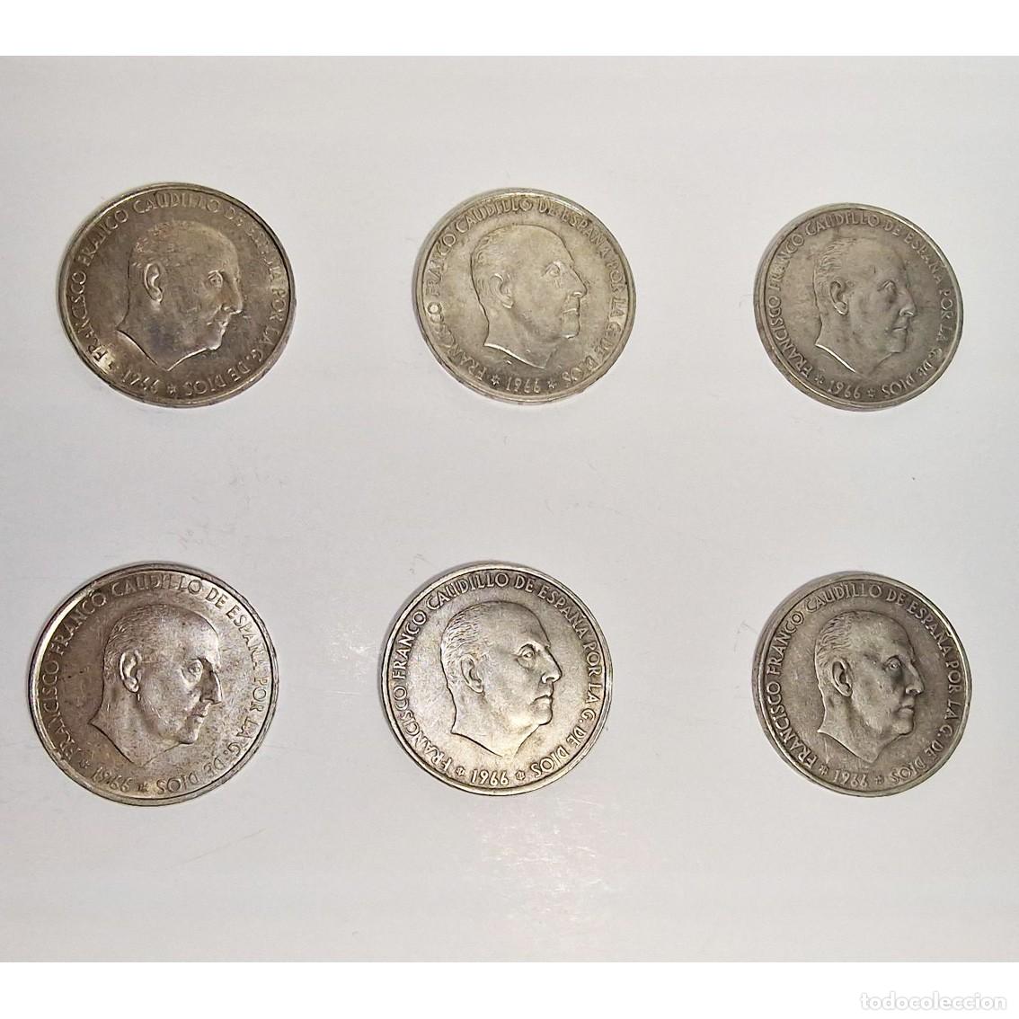 Monedas Franco: LOTE 6 Monedas 100 PESETAS Franco 1966 *66. PLATA.