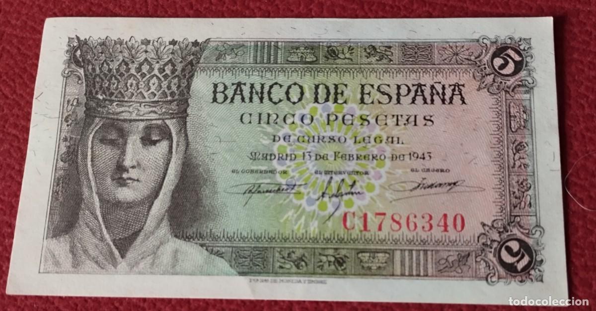 Monedas Franco: Billete de 1943 Isabel la cat&oacute;lica cinco pesetas