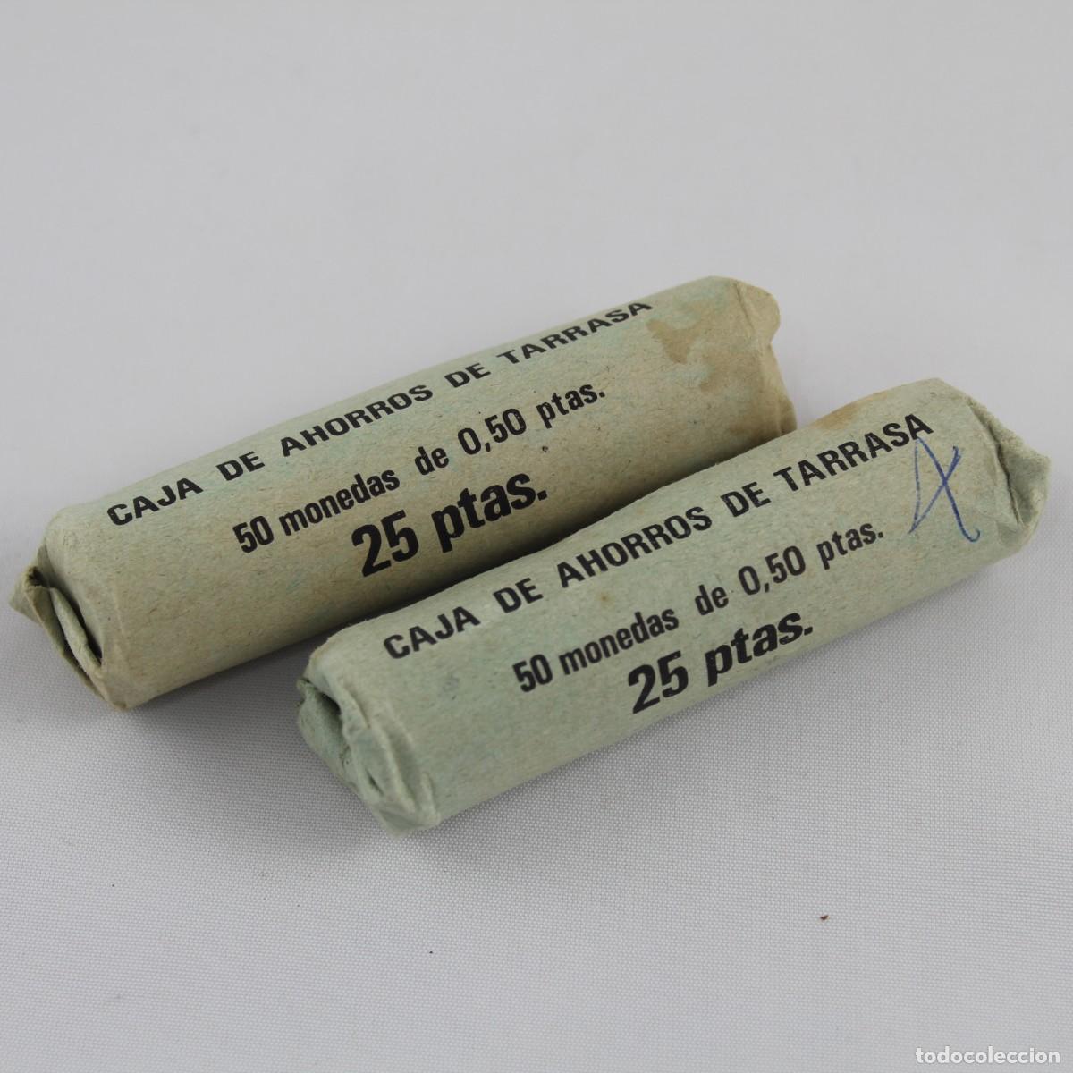 Monedas Franco: 2 Cartuchos 50 Monedas 50 C&eacute;ntimos Peseta 1966 Franco Caja de Ahorros Tarrasa