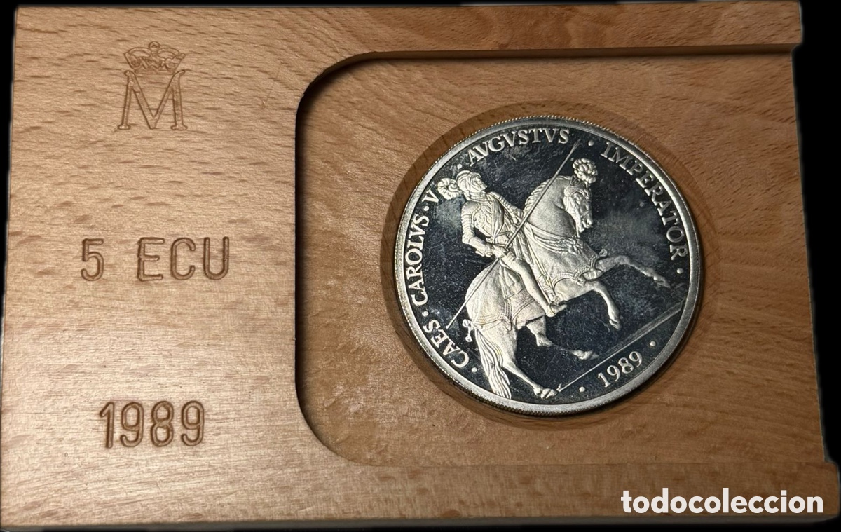 Monedas Franco: 5 ECU Espa&ntilde;a 1989 Plata 925 1 Onza FNMT Carlos V Flor de Cu&ntilde;o + Estuche