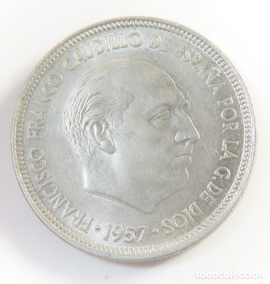 Monedas Franco: Excelente moneda de 5 Pesetas 1957 estrella 74 del Estado Espa&ntilde;ol.