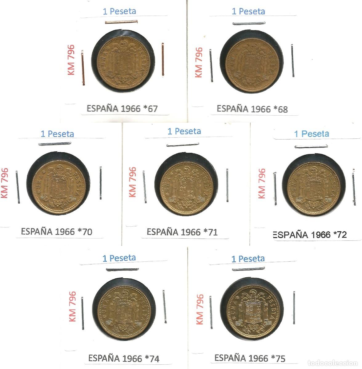 Monedas Franco: ESPA&Ntilde;A 1966 (VER ESTRELLAS) - 1 PESETA - KM 796 - LOTE 7 MONEDAS CIRCULADAS