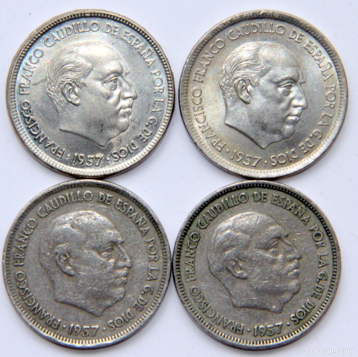 Monedas Franco: V038 ESPA&Ntilde;A FRANCO LOTE 4 MONEDAS 25 PESETAS 1957*64*68*70*75 SC (2)