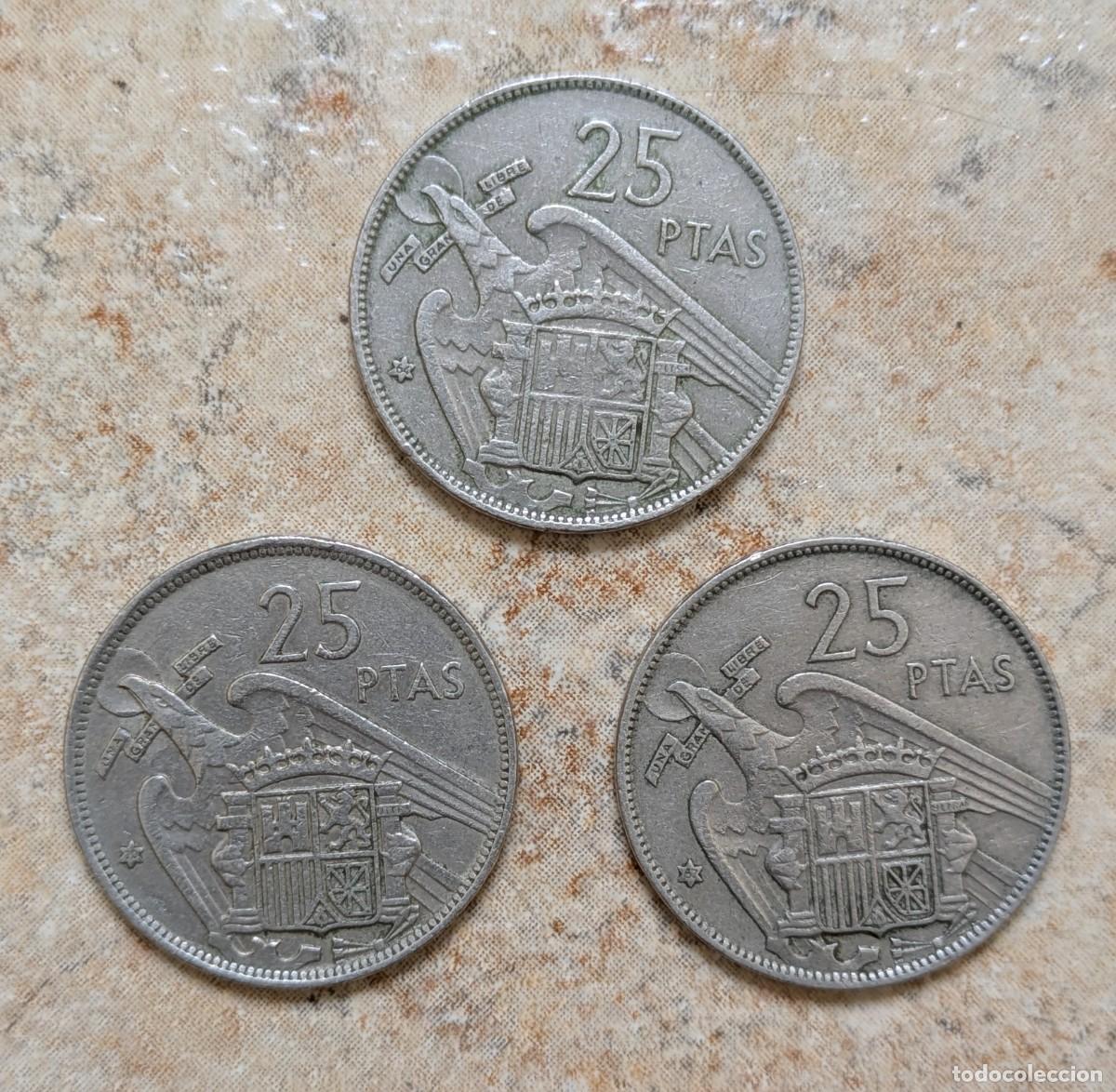 Monedas Franco: 3 monedas 25 pesetas de 1957. Estrella 64, 67 y 70
