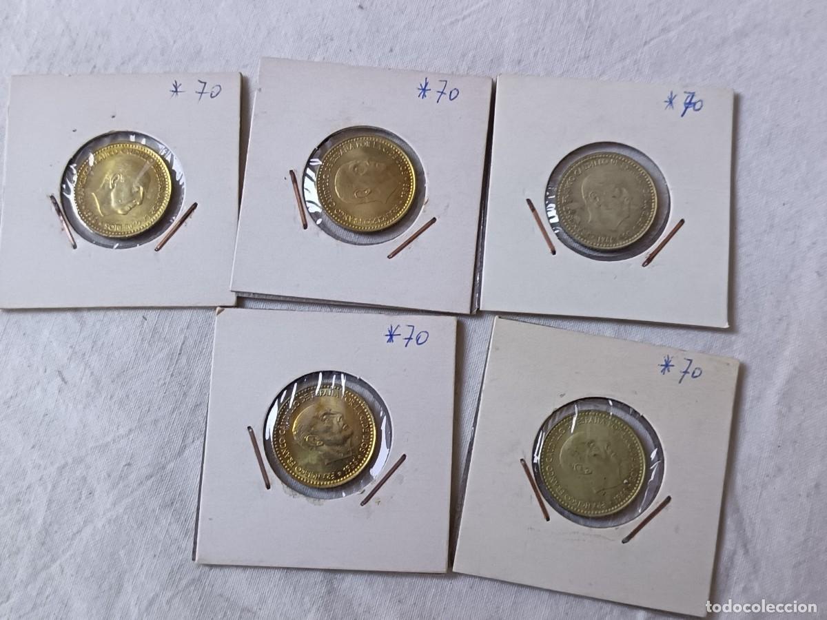 Monedas Franco: Lote de 5 Monedas Espa&ntilde;olas, Franco, 1 peseta, *70, en estuches de cart&oacute;n