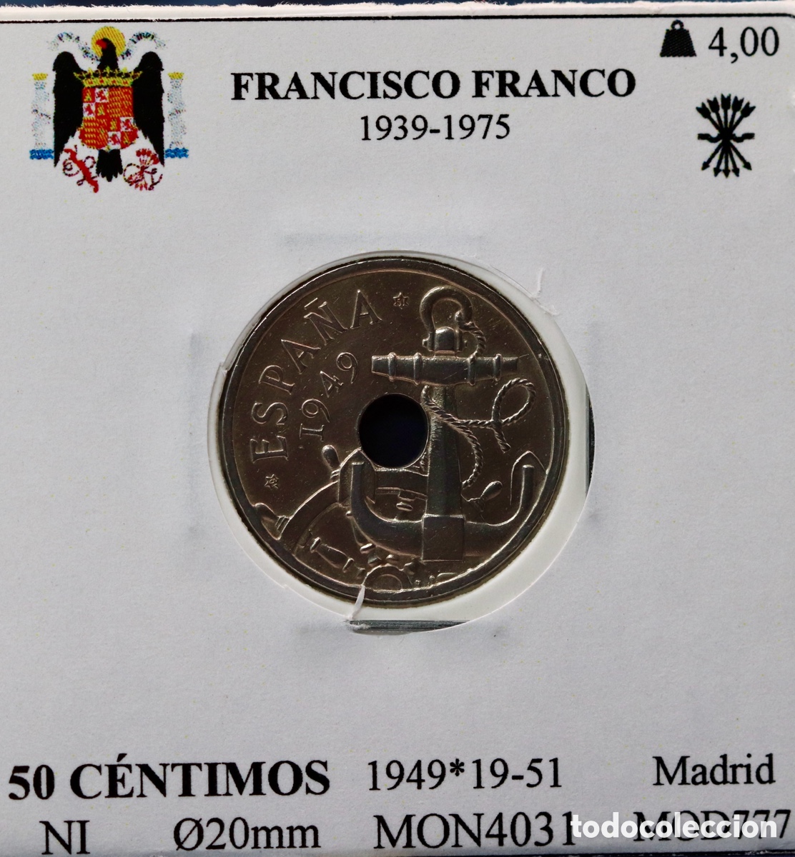 Monedas Franco: Estado Espa&ntilde;ol, Serie completa de 50 cts. Encartonados