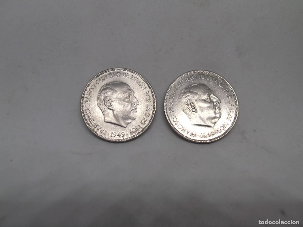 Monedas Franco: Dos monedas de Francisco Franco 1949 de 5 Pesetas.Estrella 19 Estrella 50