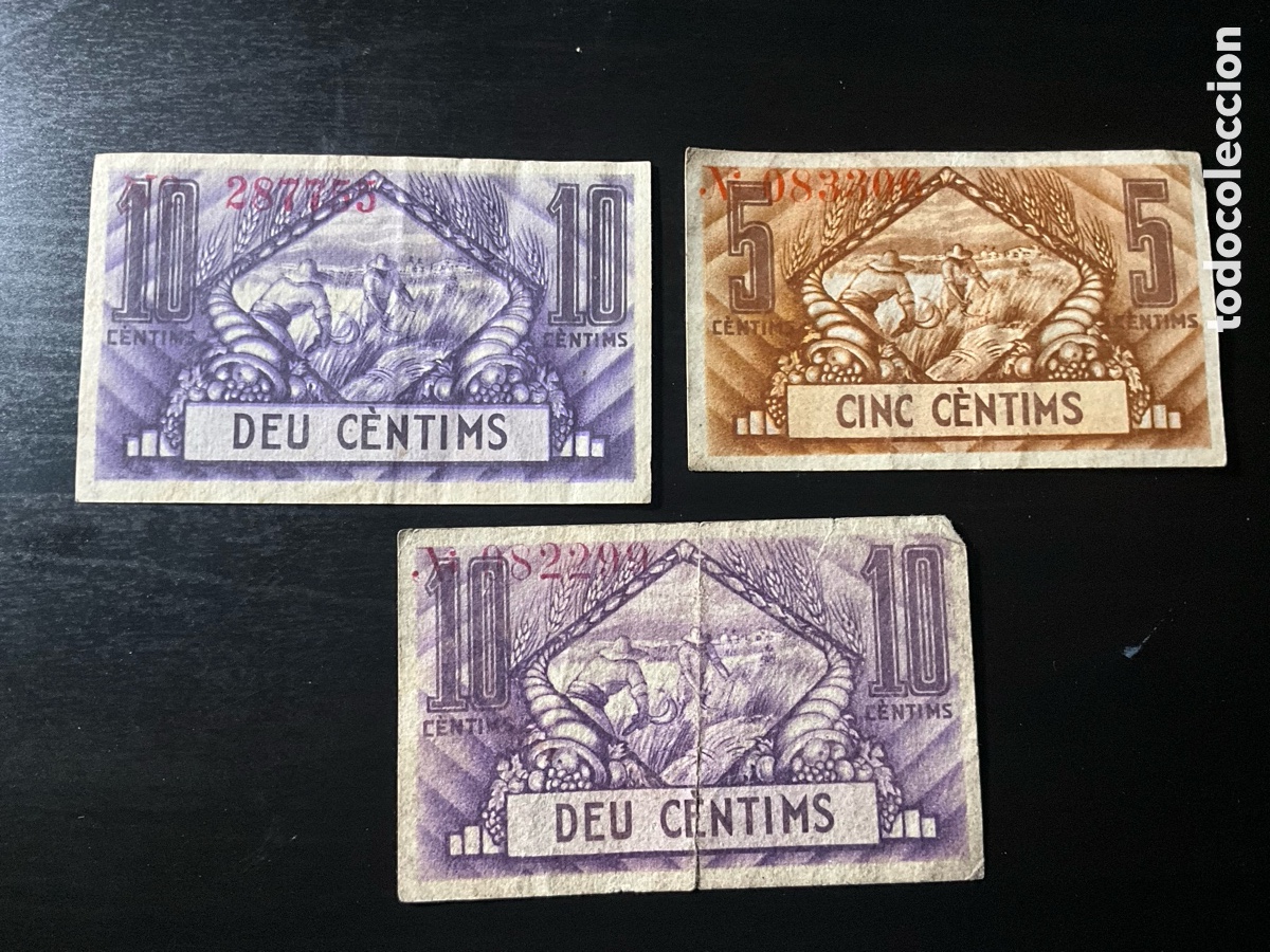 Monedas Franco: 3 BILLETES DE 10 y 5 CENTIMOS UNI&Oacute; DE COOPERADORS BARCELONA 1937 GUERRA CIVIL