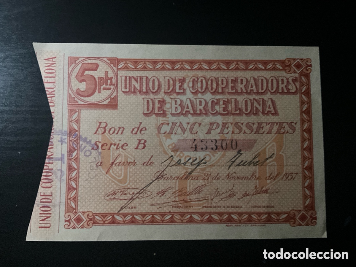 Monedas Franco: 5 PESETAS UNIO DE COOPERADORS DE BARCELONA 1937