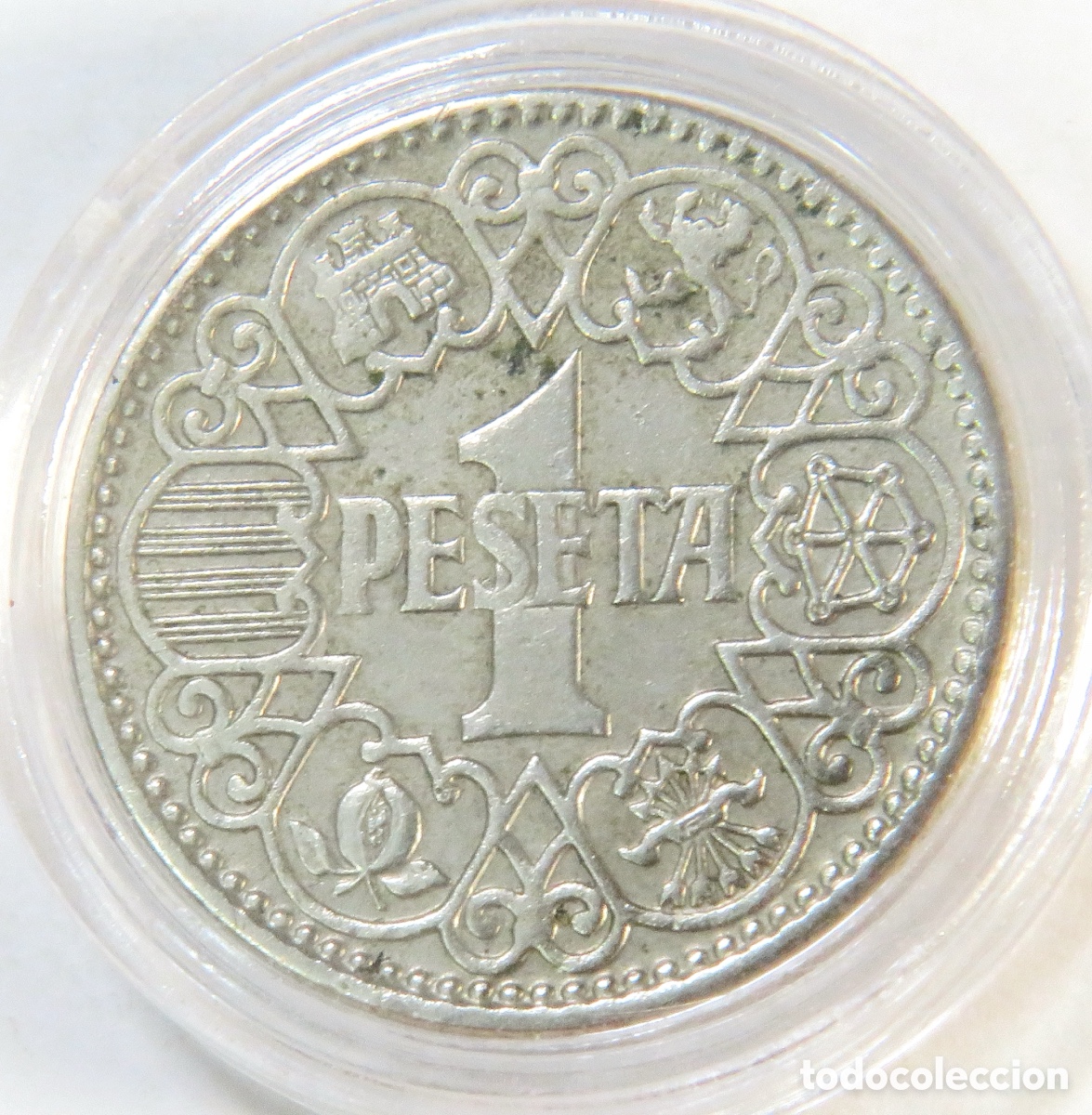 Monedas Franco: 1 Peseta 1944 Plateada &ndash; Curiosa Variante o Plateado Posterior &ndash; Encapsulada