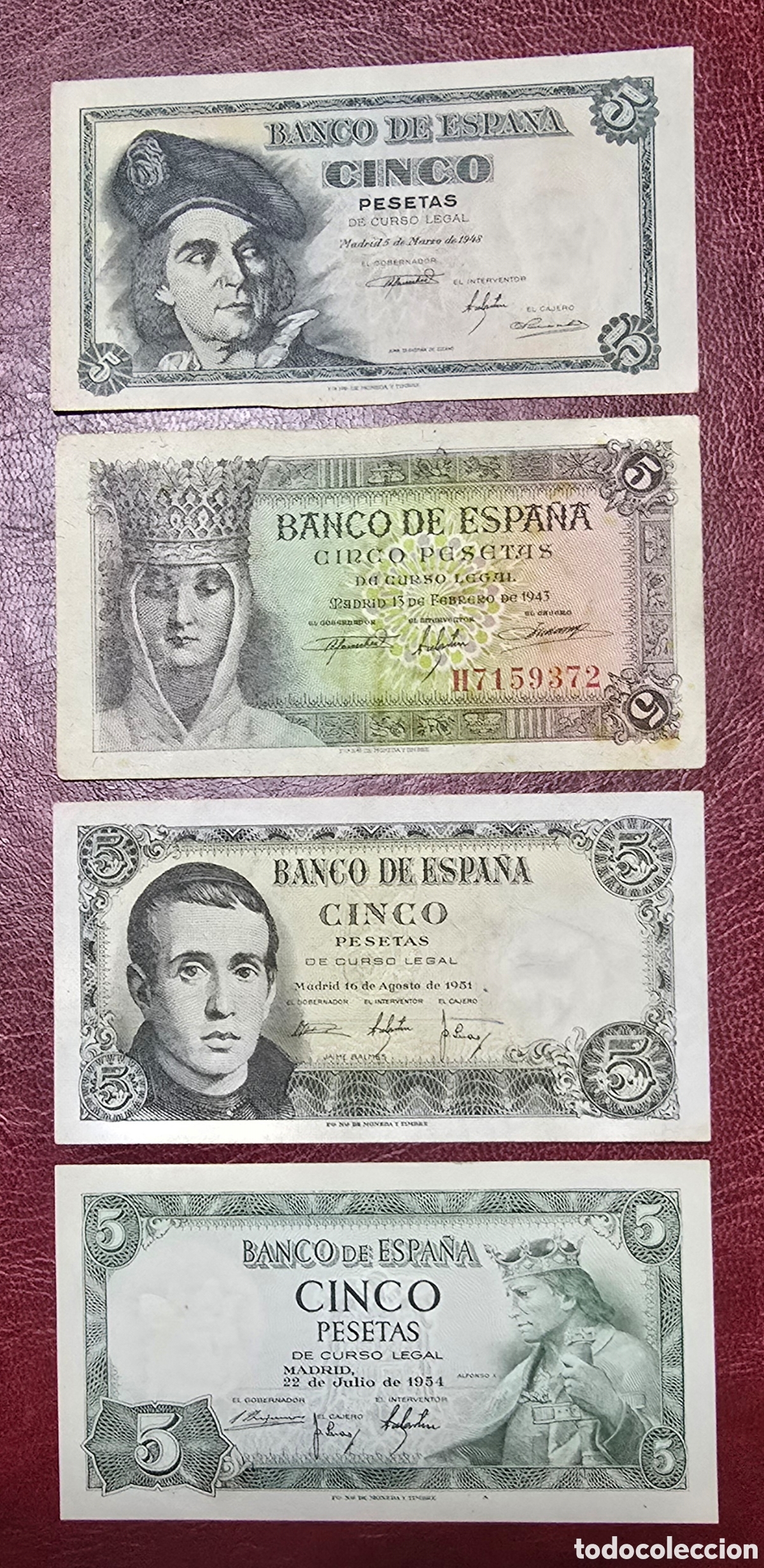 Monedas Franco: Espa&ntilde;a lote de 4 Billetes de 5 Ptas 1943-48-51-54