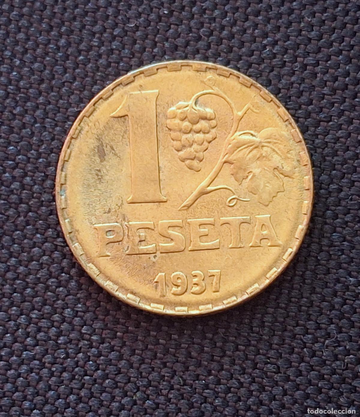 Monedas Franco: Moneda de 1 Peseta. Espa&ntilde;a. A&ntilde;o 1937. II Rep&uacute;blica Espa&ntilde;ola. Moneda Hist&oacute;rica. Guerra Civil
