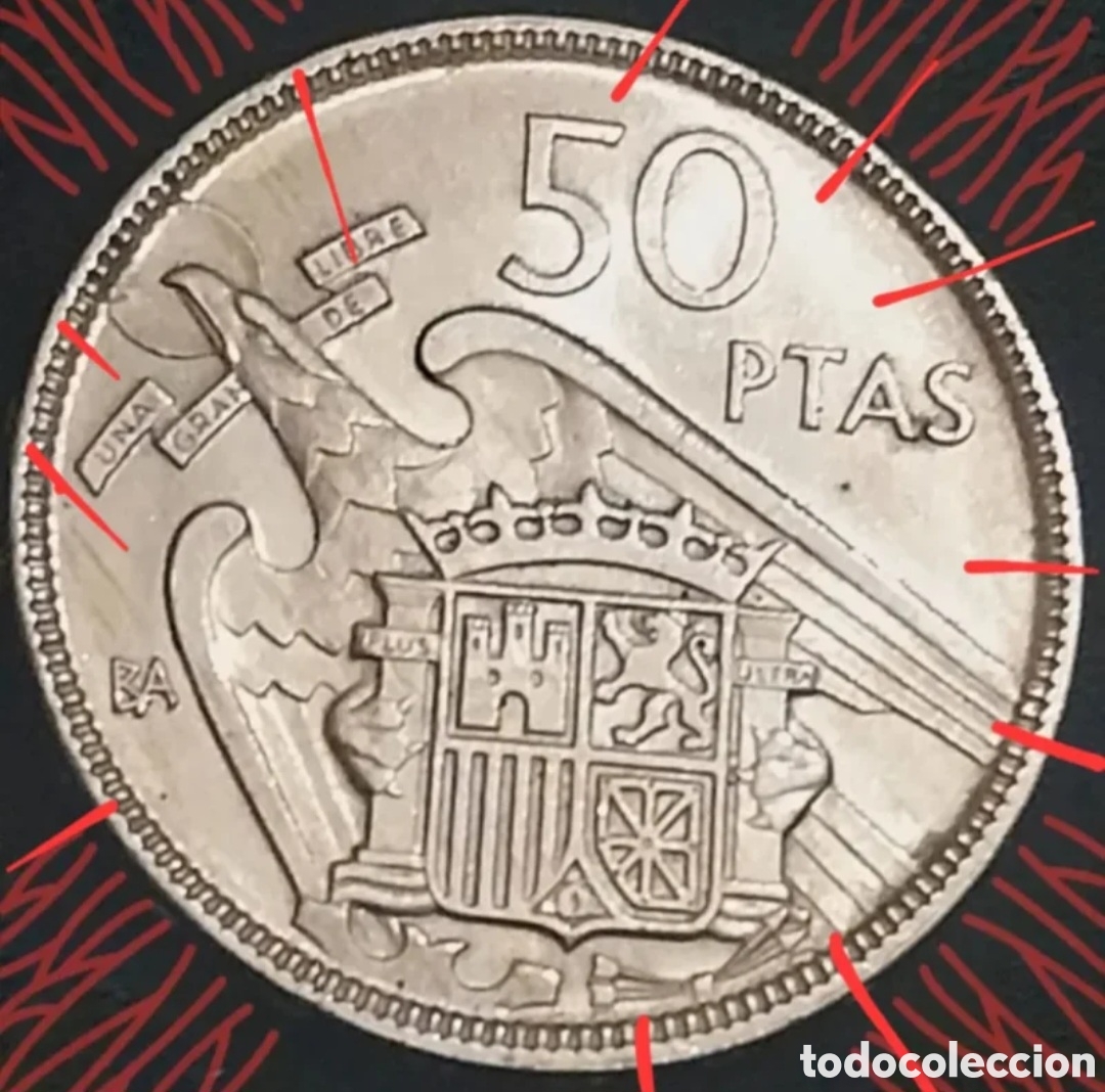 Monedas Franco: ​Error 50 Pesetas 1957 Franco Ceca &rdquo;BA&rdquo; Desplazamiento Cospel SC