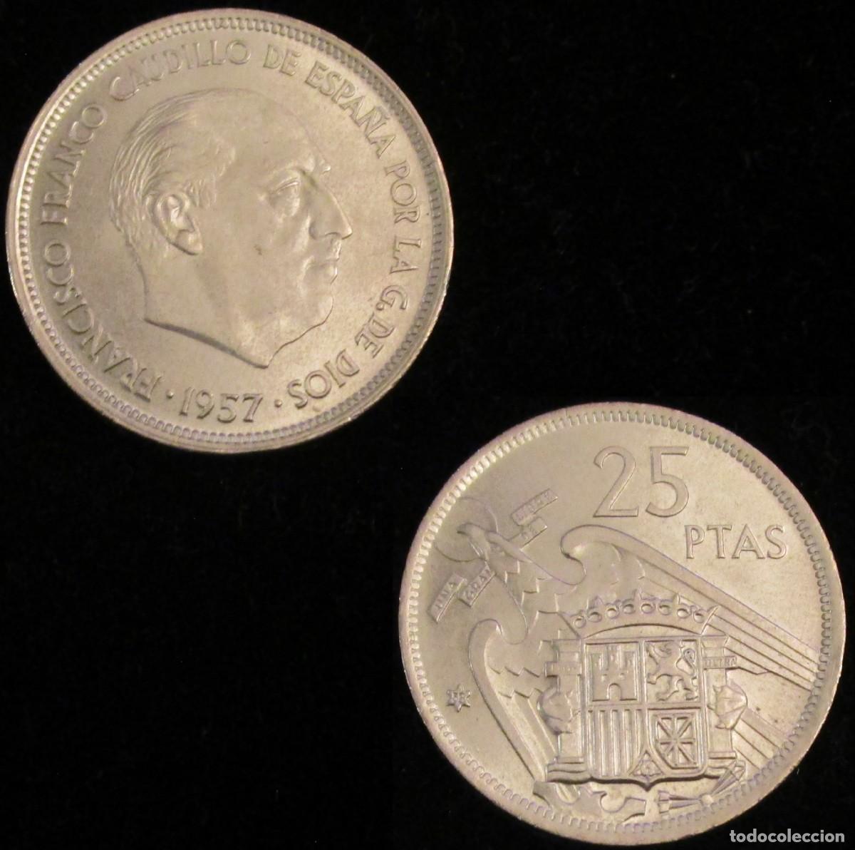 Monedas Franco: *GUTSE* FRANCO-1, 25 PESETAS 1957*58, PLUS ALGO FLOJO, ESCASA, SIN CIRCULAR.