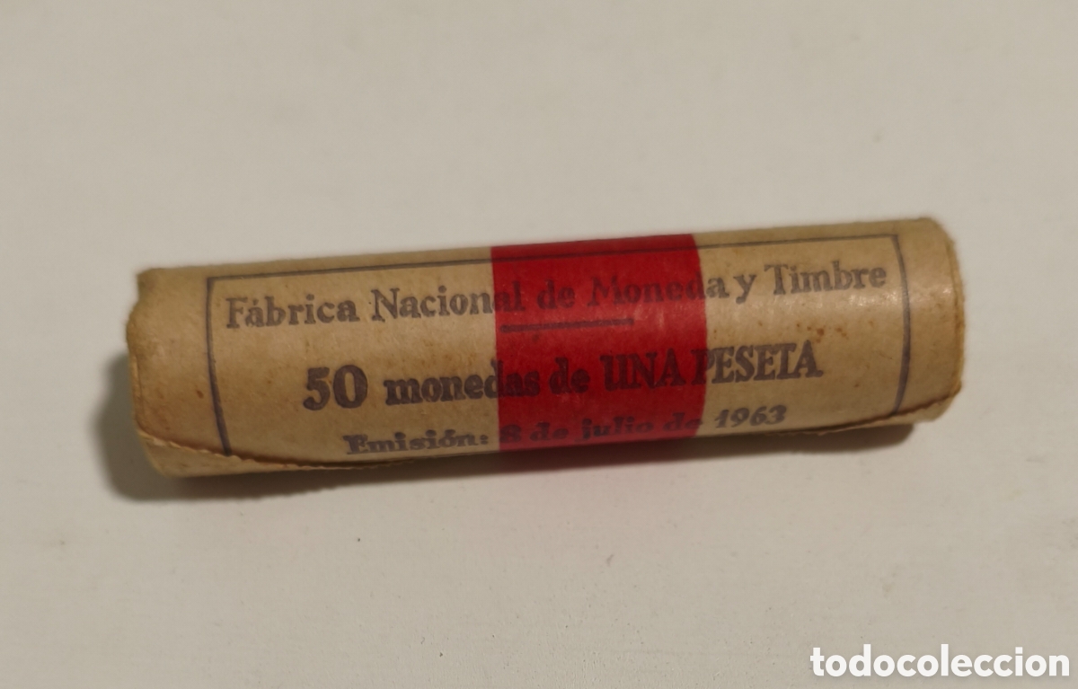 Monedas Franco: Cartucho FNMT 50 monedas 1 Peseta 1963 75, sin circular, precinto original, sin abrir