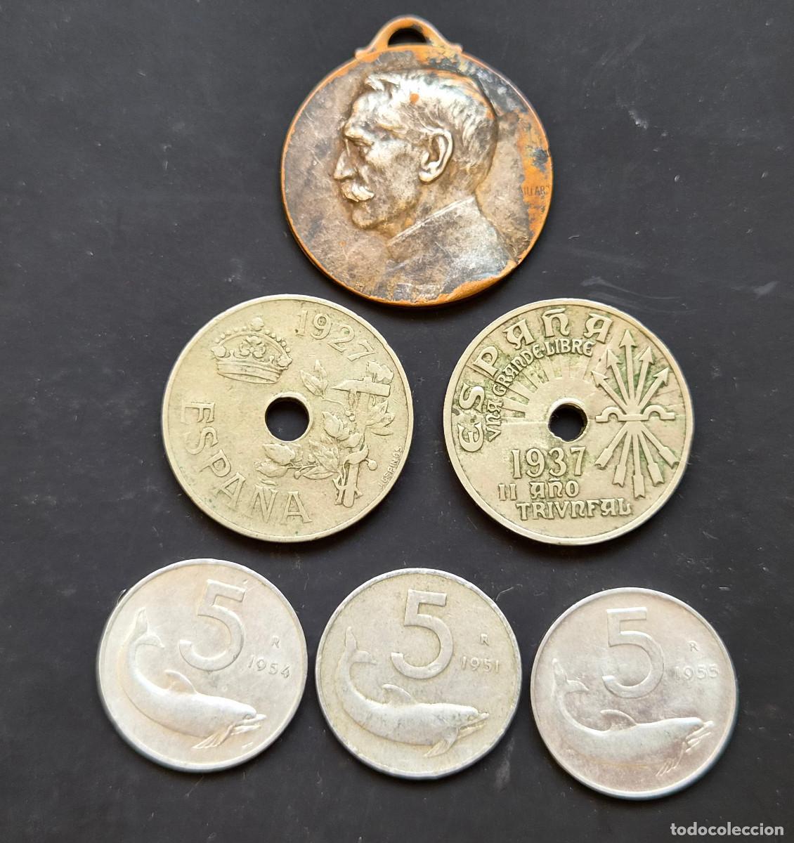 Monedas Franco: Lote 5 monedas. 3 Italiana. 2 Espa&ntilde;a 1927 y 1937 + Medalla 1&ordf; Guerra Mundial Francia