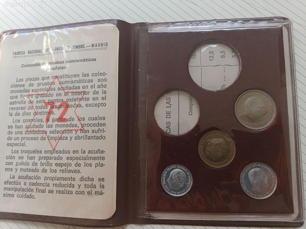 Monedas Franco: Cartera incompleta de Franco 1957 estrella 72 5 pesetas, peseta, 50 c&eacute;ntimos y 10 c&eacute;ntimos