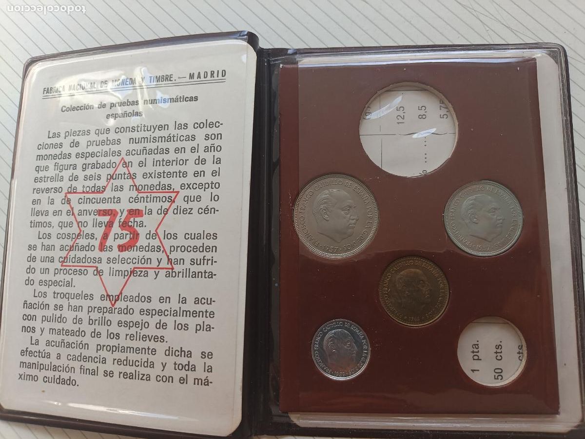 Monedas Franco: Cartera incompleta de Franco 1957 estrella 75 5 pesetas, peseta, 25 pesetas y 10 c&eacute;ntimos