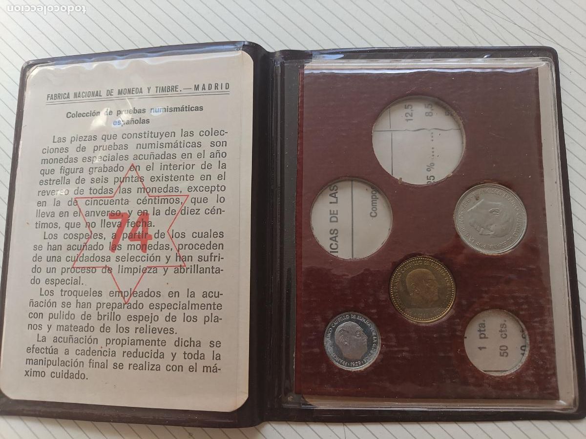 Monedas Franco: Cartera incompleta de Franco 1957 estrella 74 5 pesetas, peseta y 10 c&eacute;ntimos