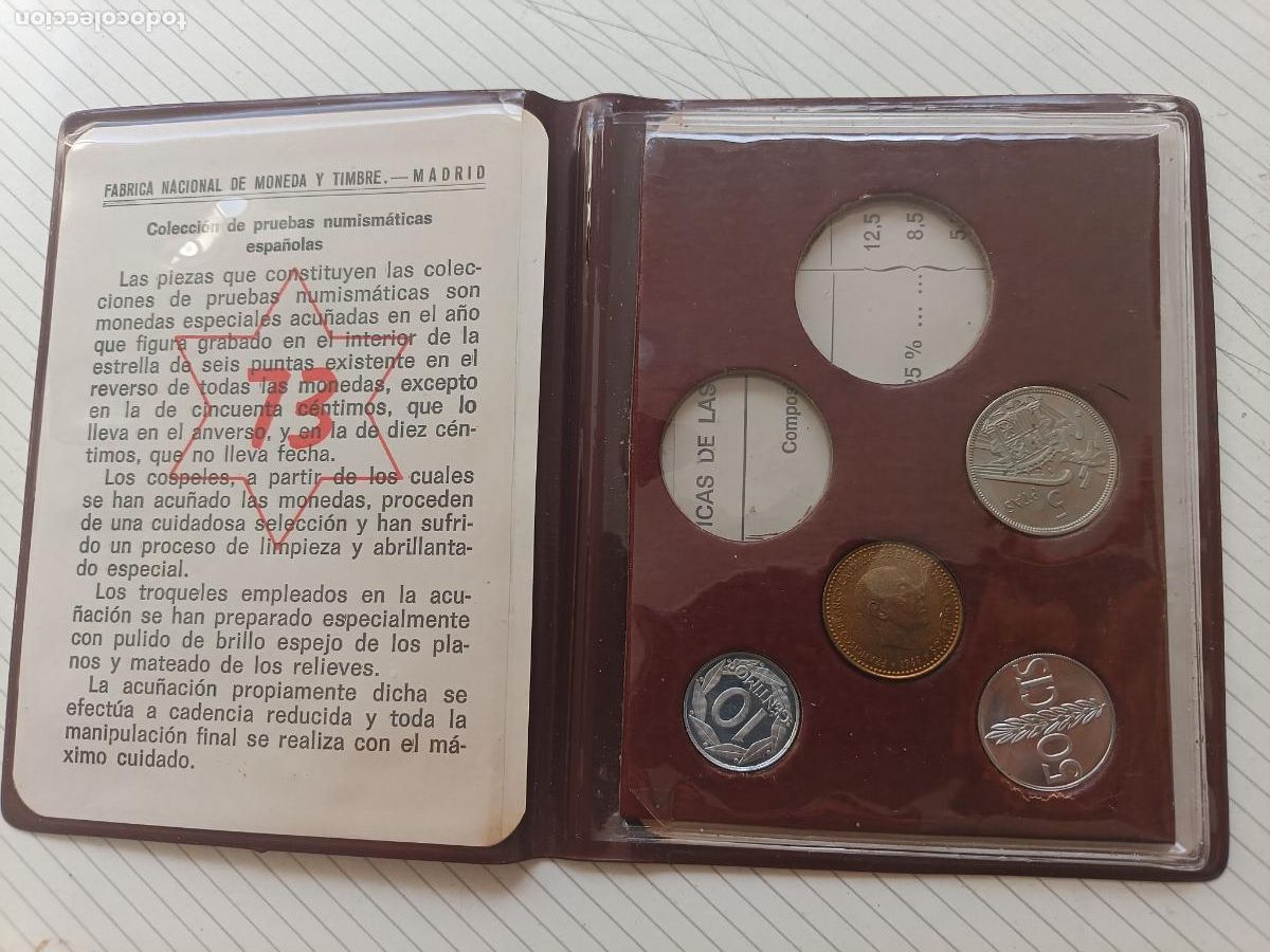 Monedas Franco: Cartera incompleta de Franco 1957 estrella 73 5 pesetas, peseta, 50 c&eacute;ntimos y 10 c&eacute;ntimos