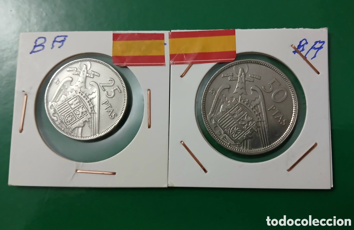 Monete Franco: LOTE DE 2 MONEDAS DE 25 Y 50 PESETAS 1957 SERIE BA