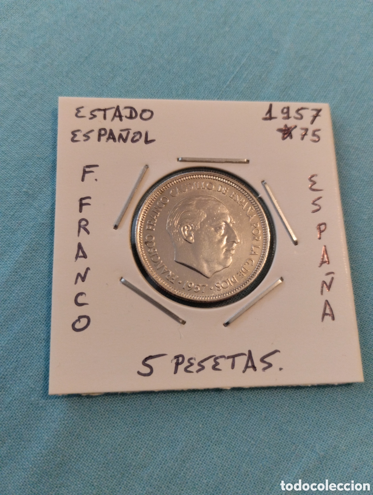 Moedas Franco: Moneda de 5 pesetas estado espa&ntilde;ol 1957 estrella 75 mbc encartonada