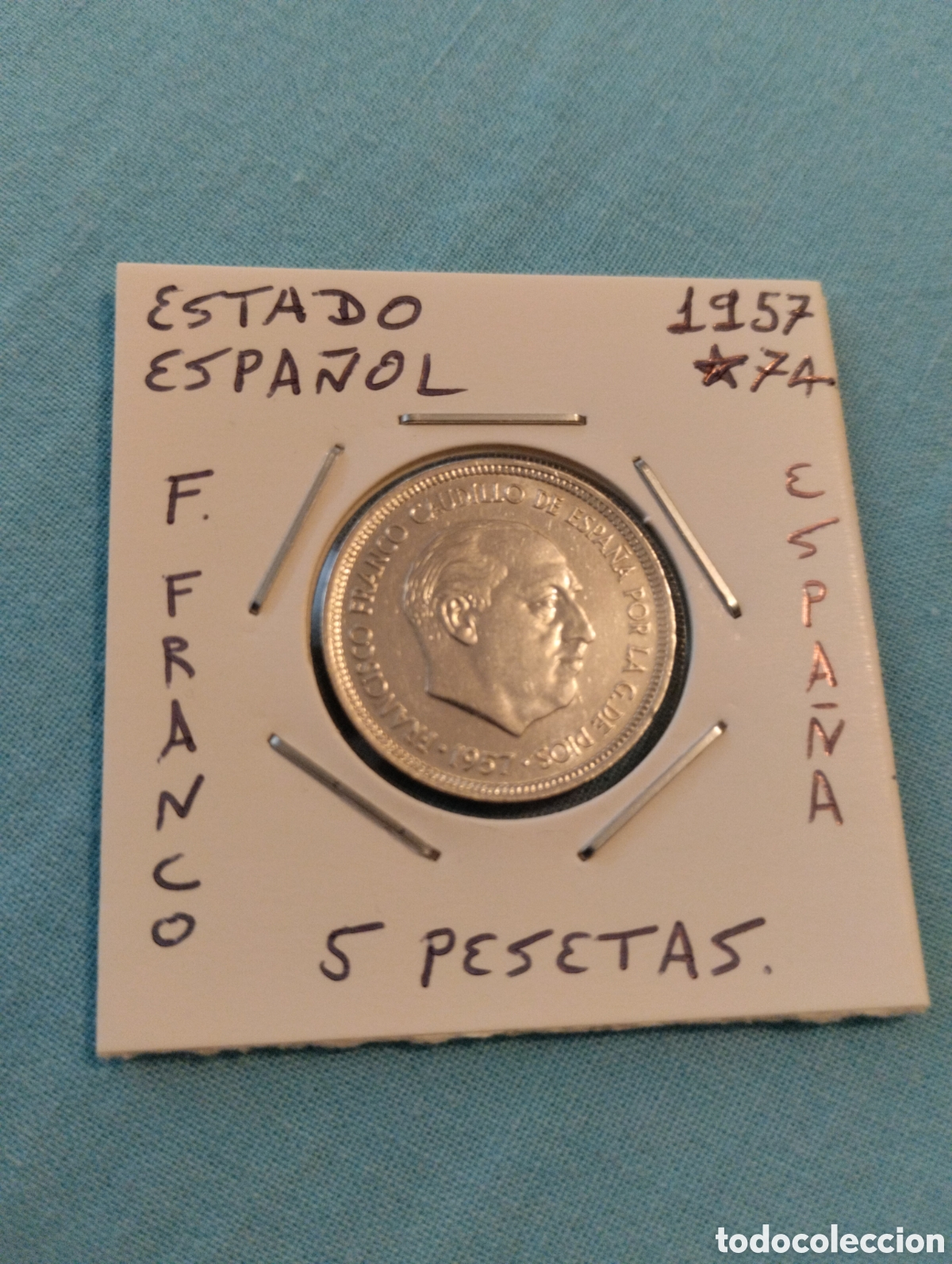 Moedas Franco: moneda de 5 pesetas del estado espa&ntilde;ol 1957 estrella 74 MBC encartonada