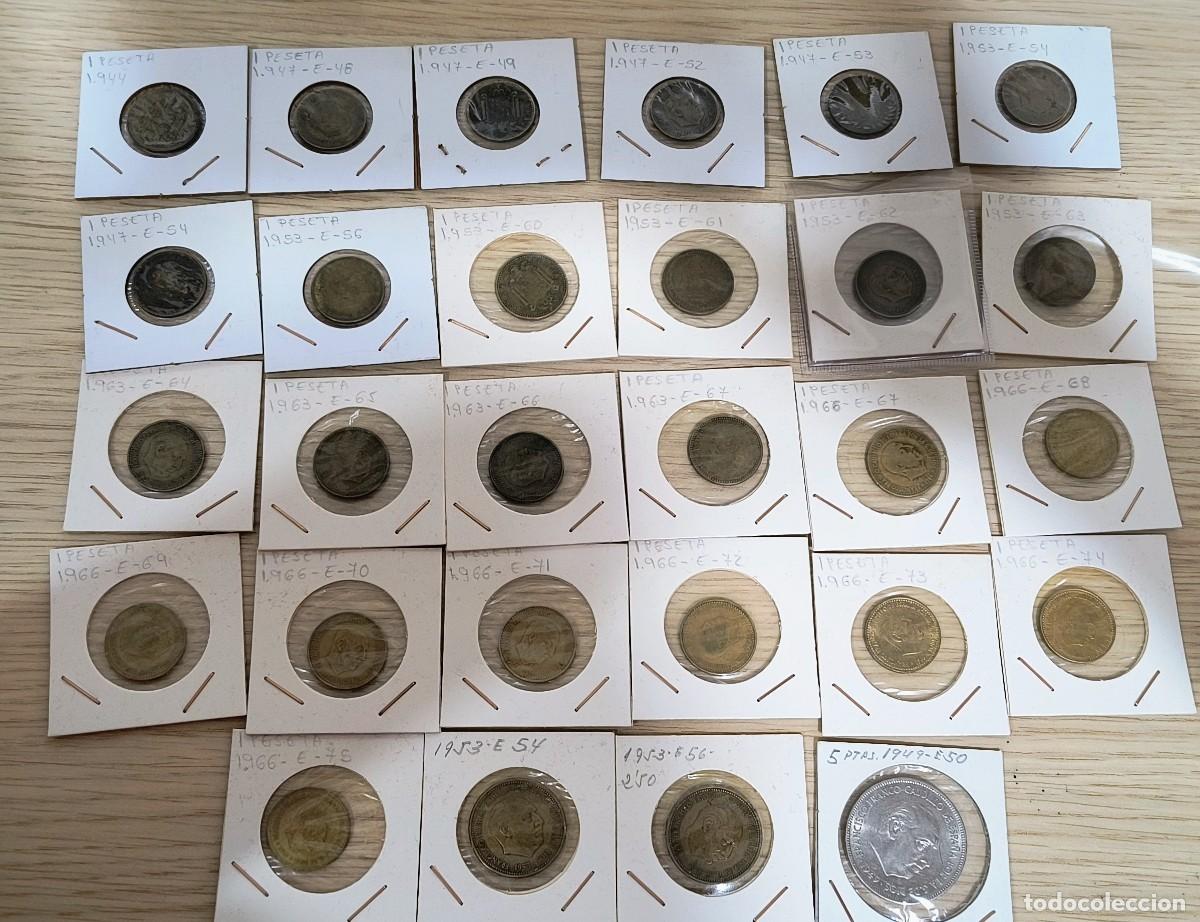 Monedas Franco: lote 28 monedas: de 1 pta 1944-66 + 5 ptas 1949 + 2,50 ptas 1953