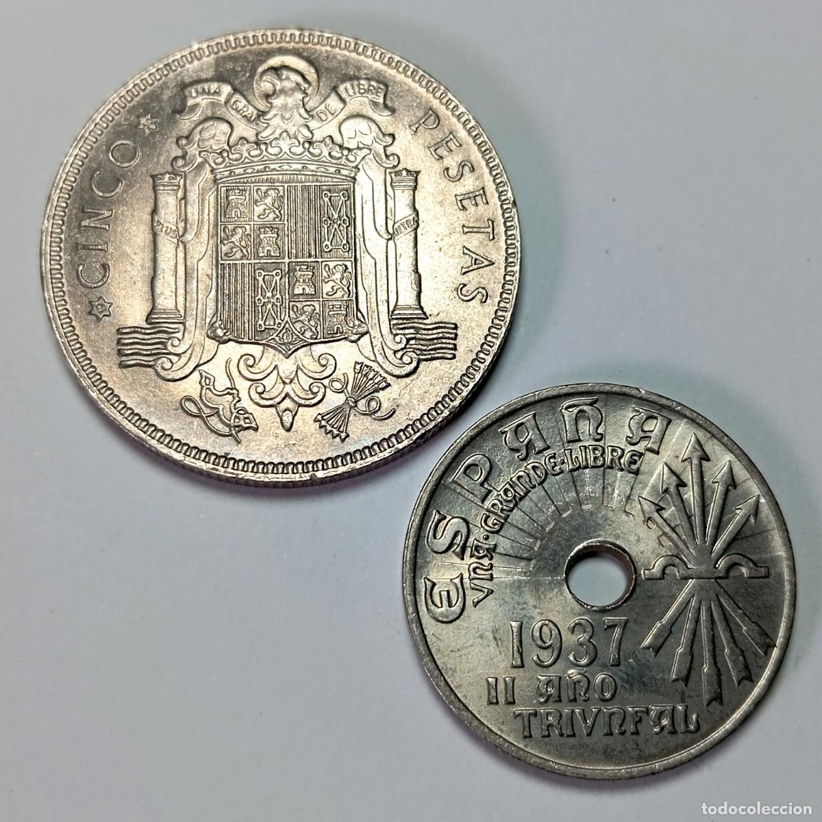 Monedas Franco: ⚜️ BBG4 3. Excelente conservacion Lote 2 Monedas Estado Espa&ntilde;ol 5 Pesetas 1949 *50 y 25 Cts 1937