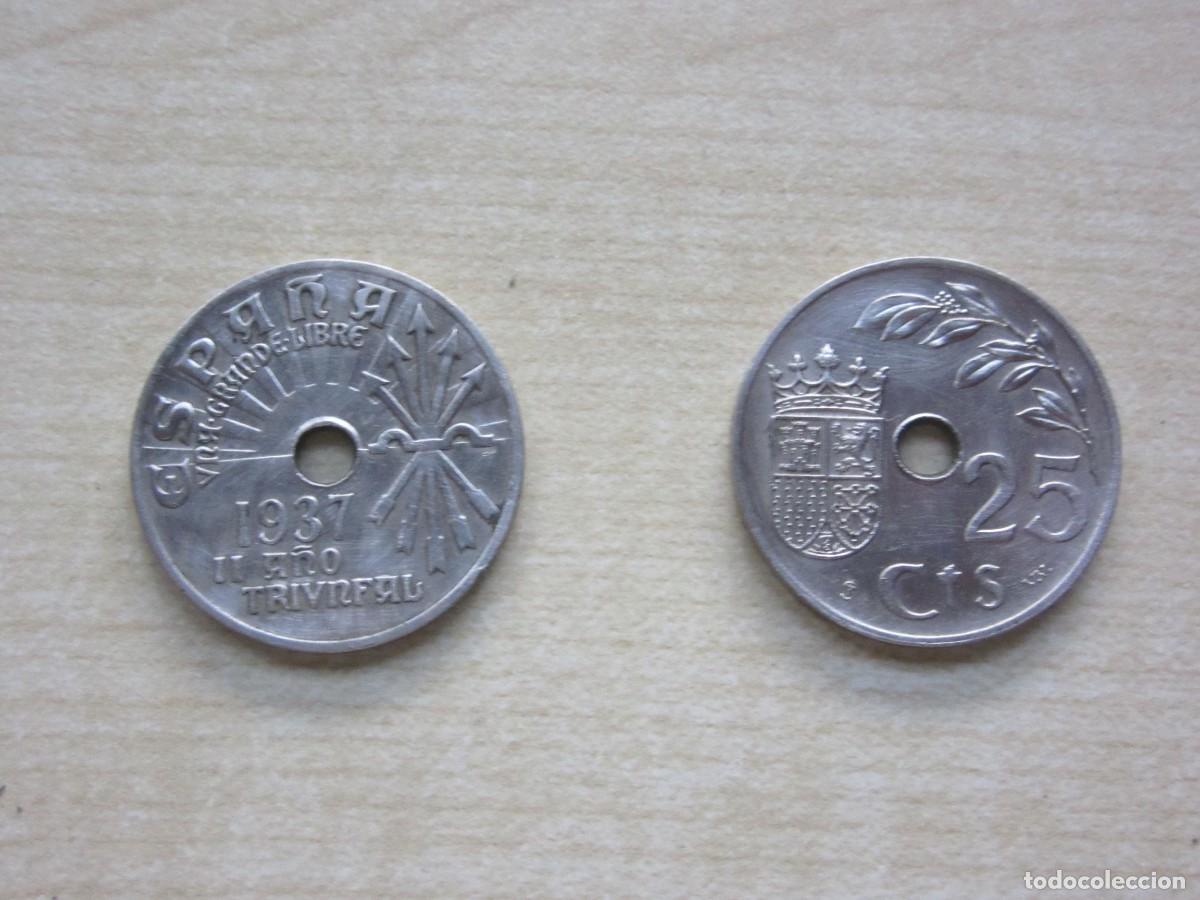 Monedas Franco: 2 monedas de 25 c&eacute;ntimos emitidas en Burgos en 1937 (Guerra civil ) por Franco