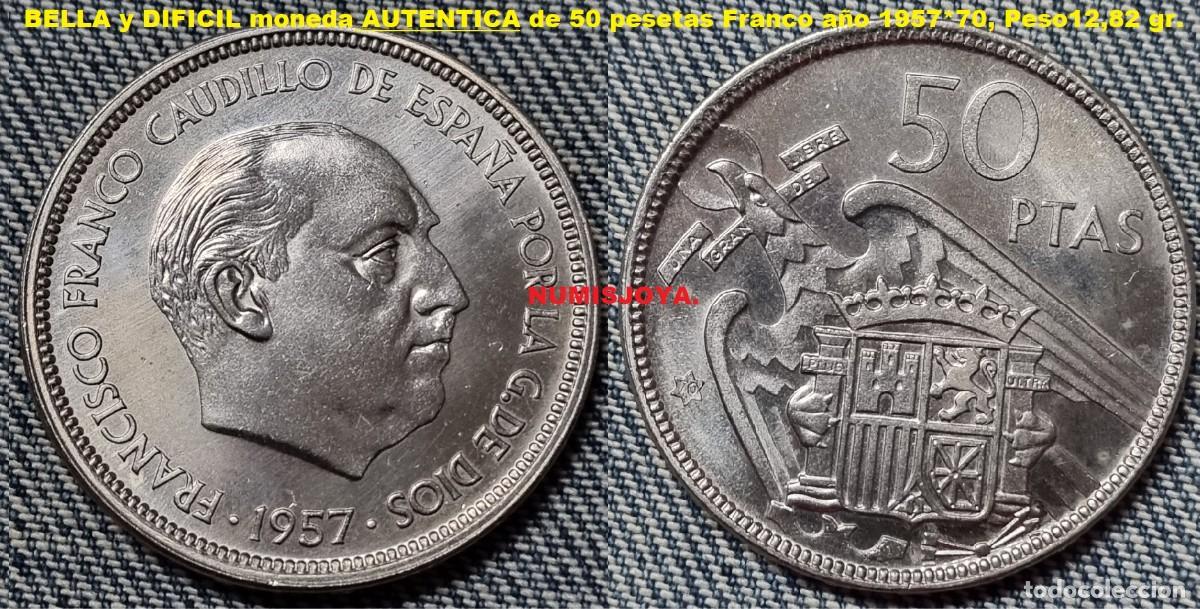 Monedas Franco: Estado espa&ntilde;ol FRANCO 50 Pesetas PRUEBA a&ntilde;o 1957*70. Peso 12,82 gr. PERFECTA CON BRILLO ORIGINAL.