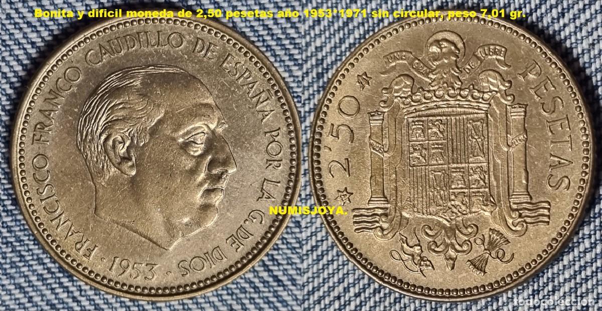 Monedas Franco: ESTADO ESPA&Ntilde;OL FRANCO. MONEDA de 2,50 PESETAS 1953* 1971. AUTENTICA MUY ESCASA. Peso 7,01 gr. BELLA.