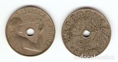 Monedas Franco: DOS MONEDAS DE 25 CENTIMOS EMISION 1934 Y 1937