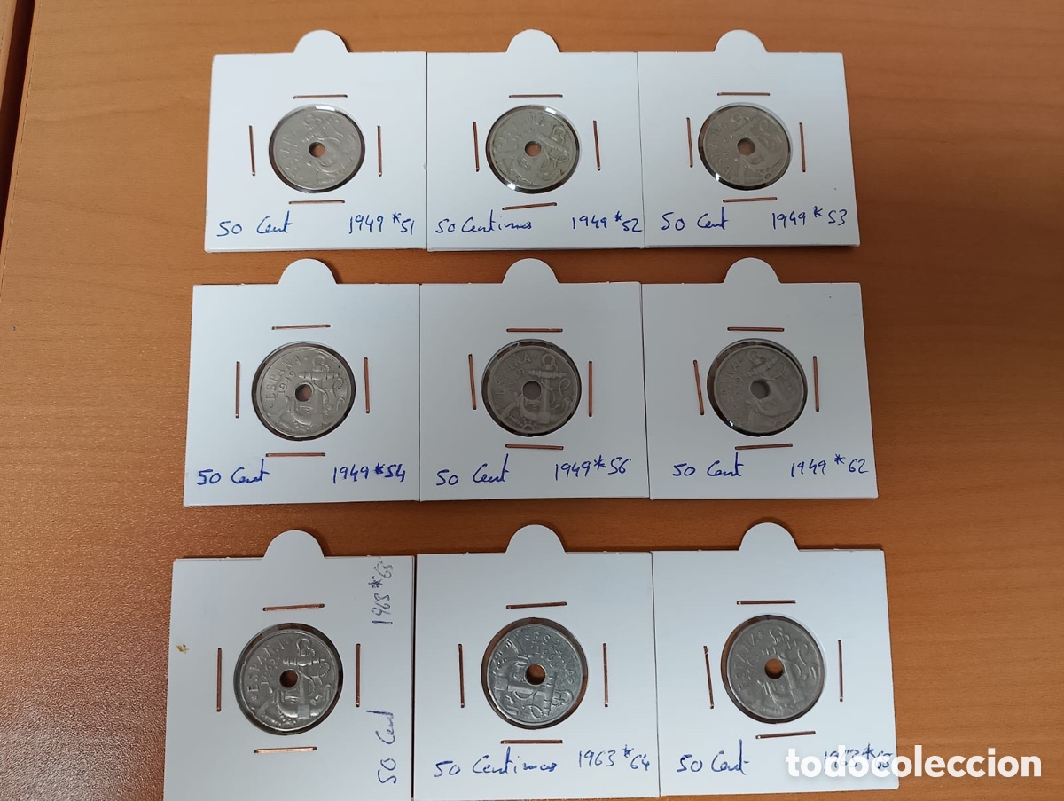 Monedas Franco: Lote 9 monedas 50 C&eacute;ntimos Espa&ntilde;a &mdash; Serie 1949 y 1963 (estrellas 51,52,53,54,56,62,63,64,65)