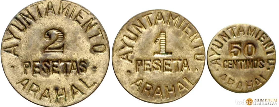 Monedas Franco: Guerra Civil: Bando Nacional. Ayuntamiento de Arahal. Serie completa. Raras. EBC/EBC+. Encapsuladas.
