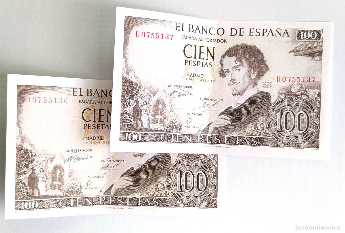 Monedas Franco: Pareja billetes del Banco de Espa&ntilde;a 100 pesetas 1965 serie U EBC+