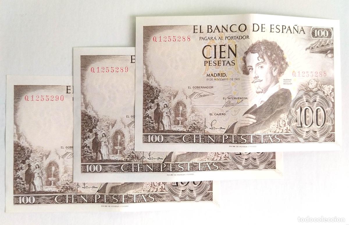 Monedas Franco: Trio billetes del Banco de Espa&ntilde;a 100 pesetas 1965 serie U EBC+