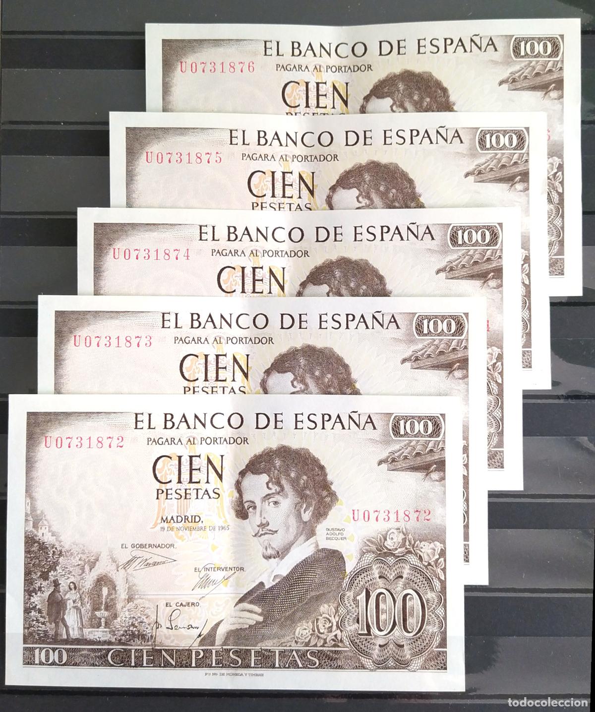 Monedas Franco: Quinteto billetes del Banco de Espa&ntilde;a 100 pesetas 1965 serie U EBC+