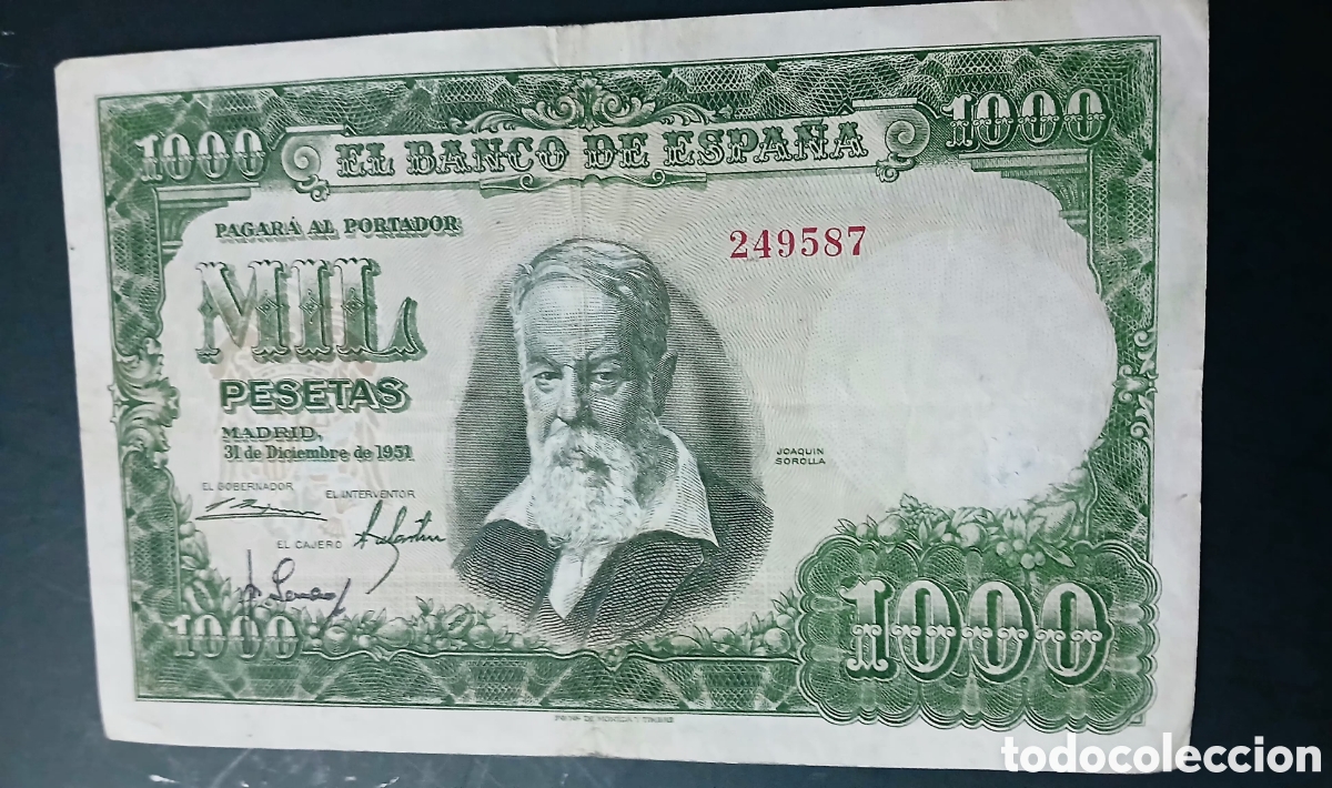 Monedas Franco: BILLETE DE 1000PTS 1951 JOAQU&Iacute;N SOROLLA SIN SERIE N&Uacute;MERO MUY BAJO EN EBC