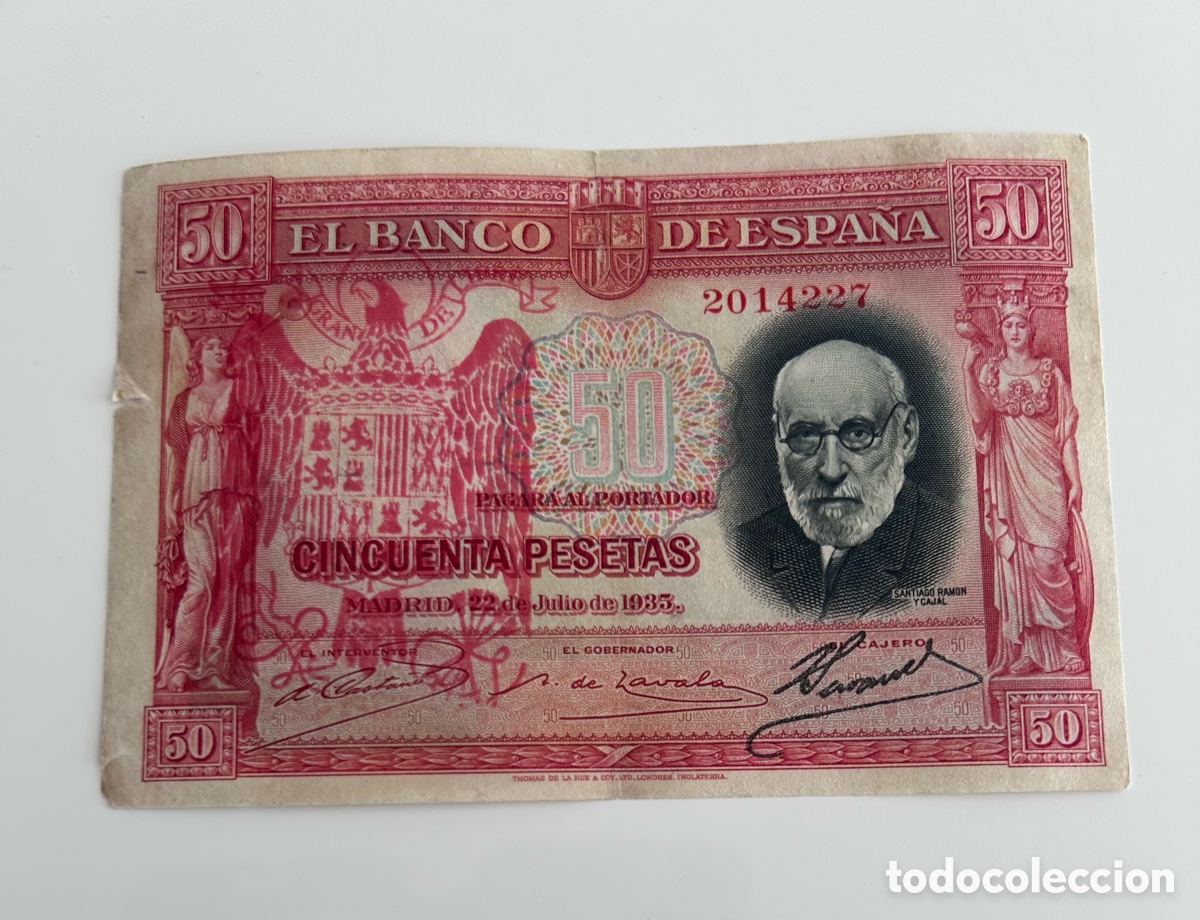 Monedas Franco: BILLETE DE CINCUENTA PESETAS DE 1935. RESELLADA. &Aacute;GUILA DE SAN JUAN. SIN SERIE