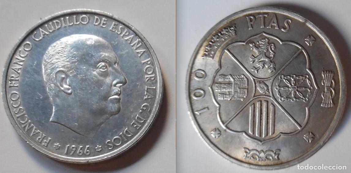 Monedas Franco: Moneda de plata de 100 pesetas de plata de ley 800 mil&eacute;simas (80% plata), 19 gm., Franco, 1966
