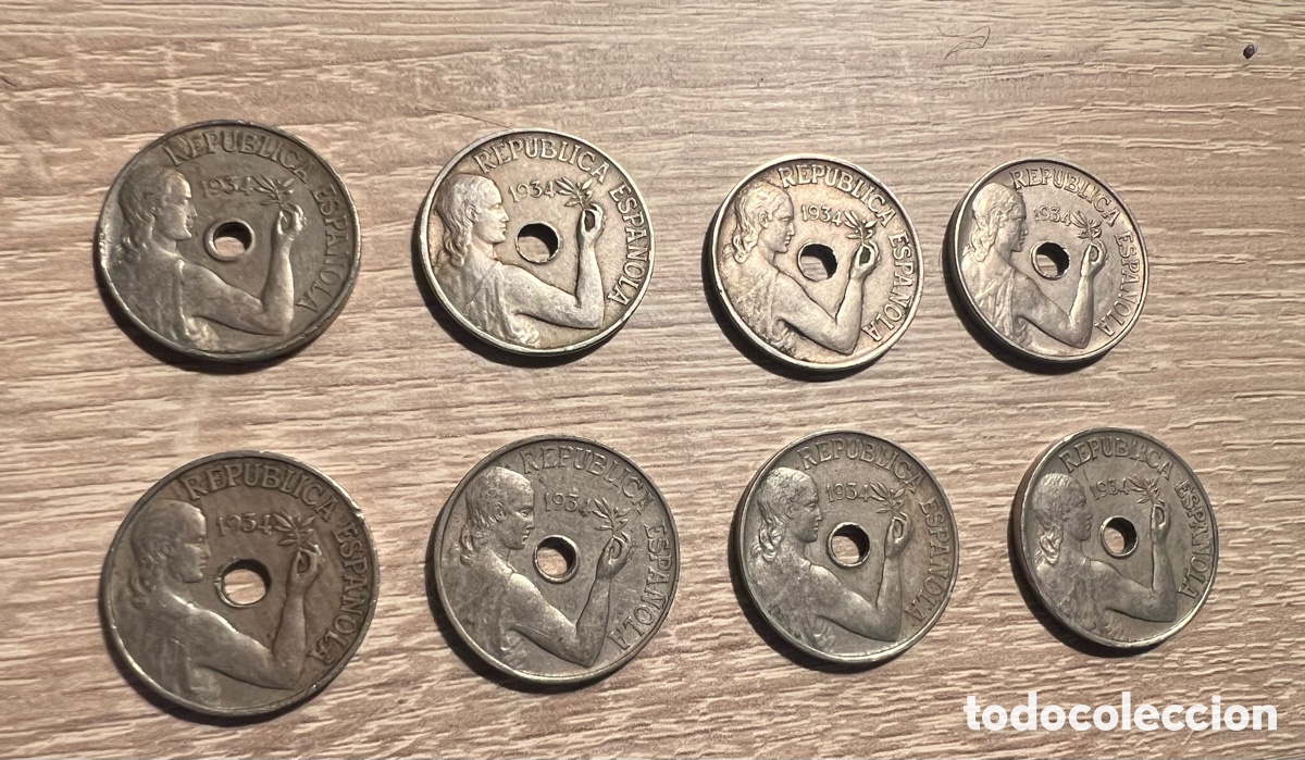 Monedas Franco: Lote de 8 monedas de 25 c&eacute;ntimos de 1934 MBC - Foto 3