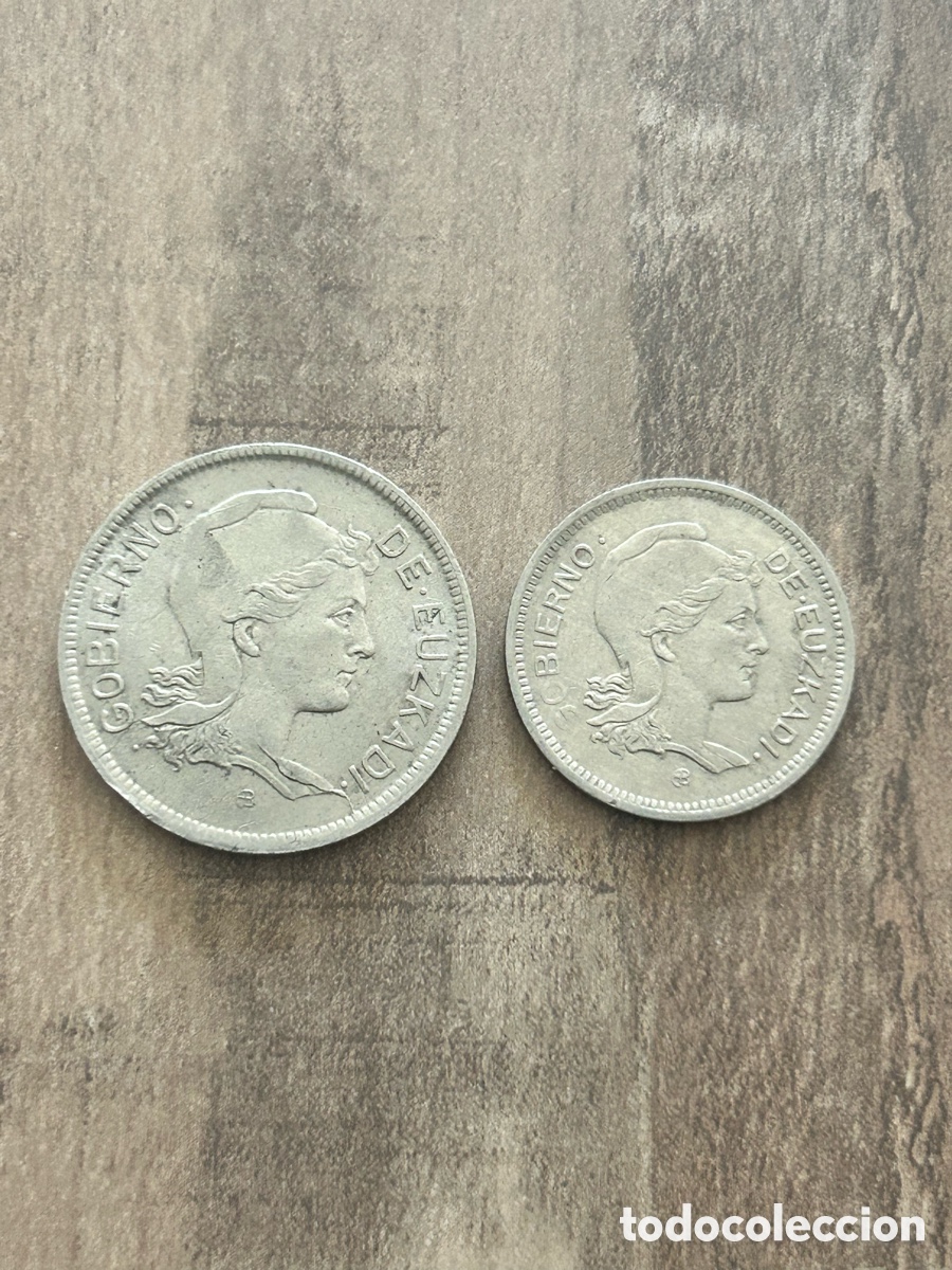 Monedas Franco: Guerra Civil Espa&ntilde;ola 1937. Monedas de 1 y 2 Pesetas Euzkadi