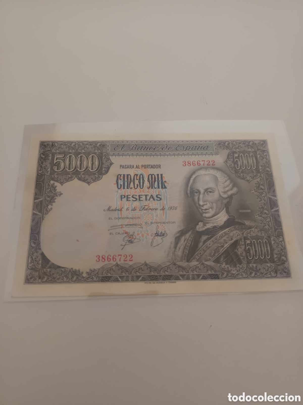 Monedas Franco: Billete 5.000 pesetas. A&ntilde;o 1976. Sin serie. Carlos III