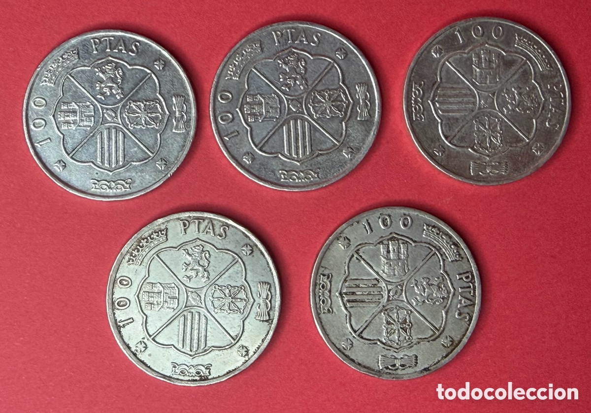 Moedas Franco: Lote 5 monedas de 100 pesetas Franco 1966 &ndash; Plata &ndash; Estrellas 66 y 68