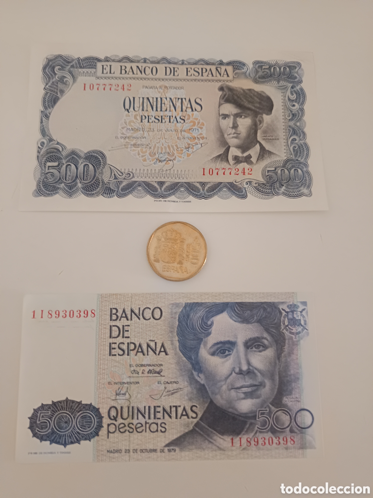 Monedas Franco: 2 Billetes y 1 Moneda 500 pesetas. Espa&ntilde;a 1971 a 1987
