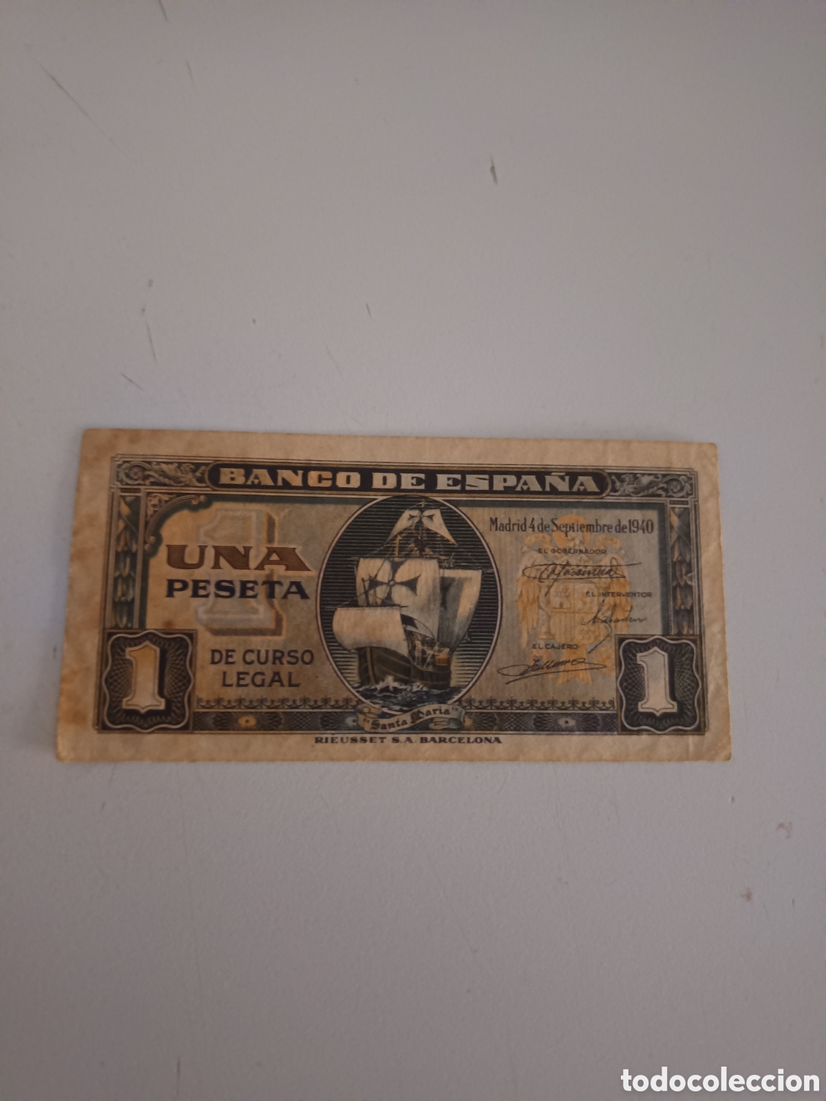 Monedas Franco: Billete de 1 peseta. A&ntilde;o 1940. La Nao Santa Mar&iacute;a.